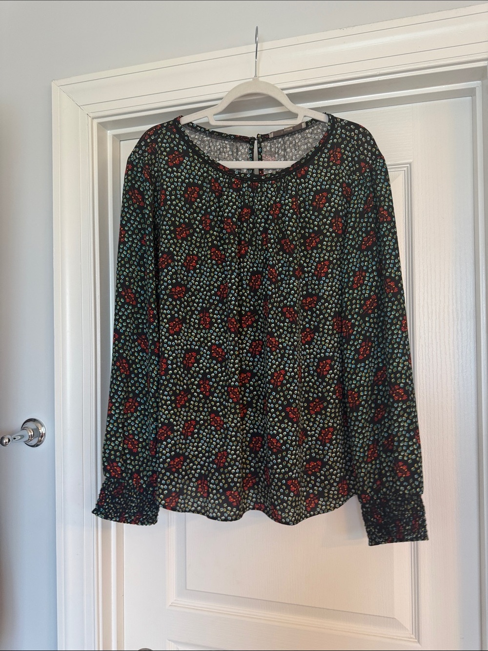 LOFT Womens Floral Long Sleeve Blouse Size XL Black Red Green Mixed Media